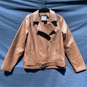 Old Navy size Large Faux Leather Brown Biker Jacket with Zippers, Belt, Pockets